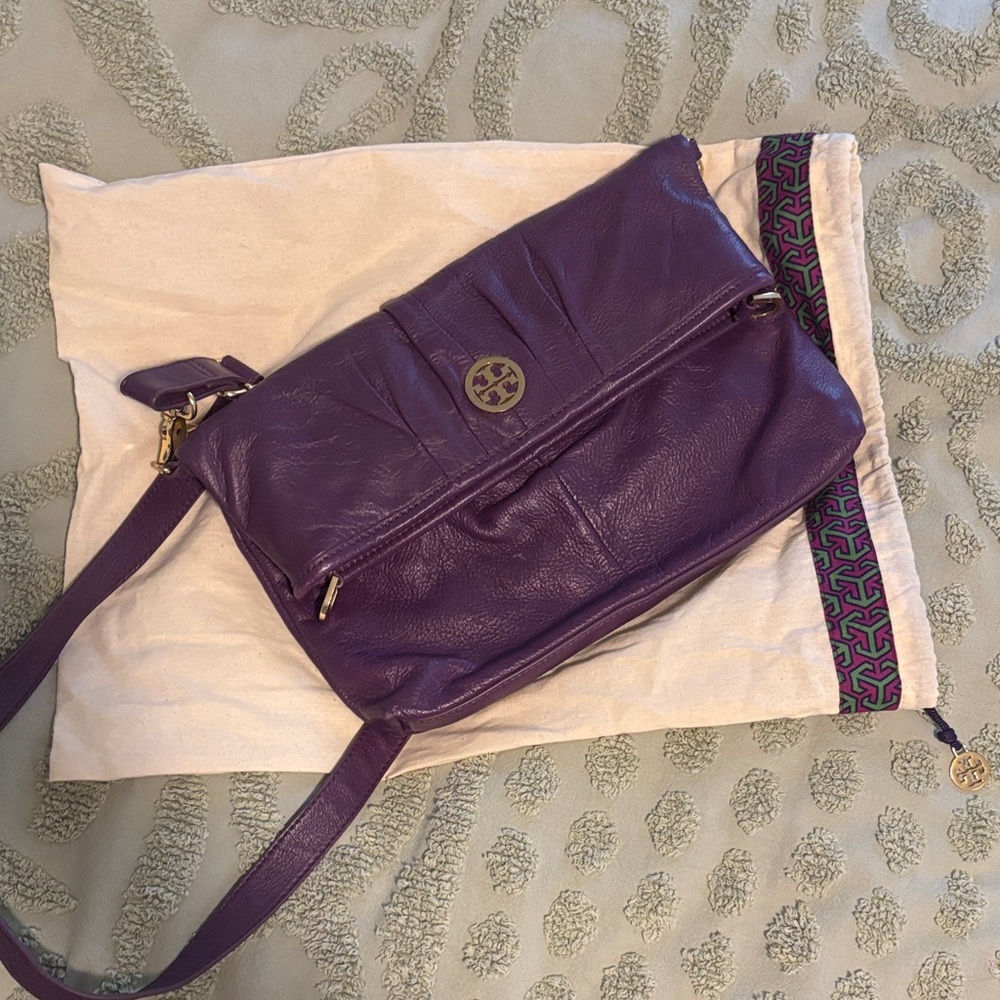 Tory Burch MAKE AN OFFER Purple Leather Crossbody Bag with Logo Accent